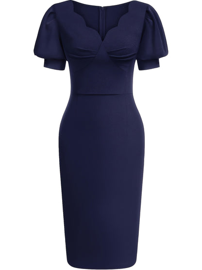 Effortless Cocktail Dress for Women with Scalloped V Neck Balloon Sleeve Bodycon Knee Length Occasion Style