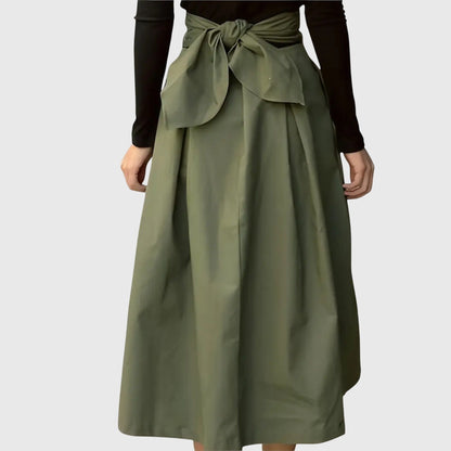 Elegant Green Pleated Maxi Skirt for Women with High Waist Tie Back A Line Flowing Style