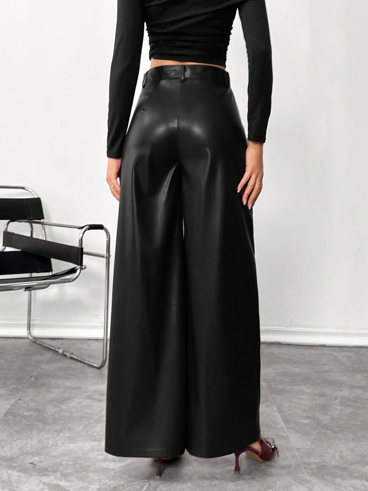 Stylish Black Faux Leather Slacks for Women with High Waist Relaxed Leg Tailored Trouser Style