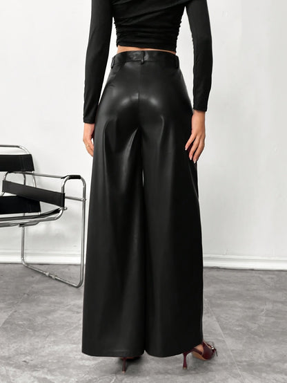 Stylish Black Faux Leather Slacks for Women with High Waist Relaxed Leg Tailored Trouser Style
