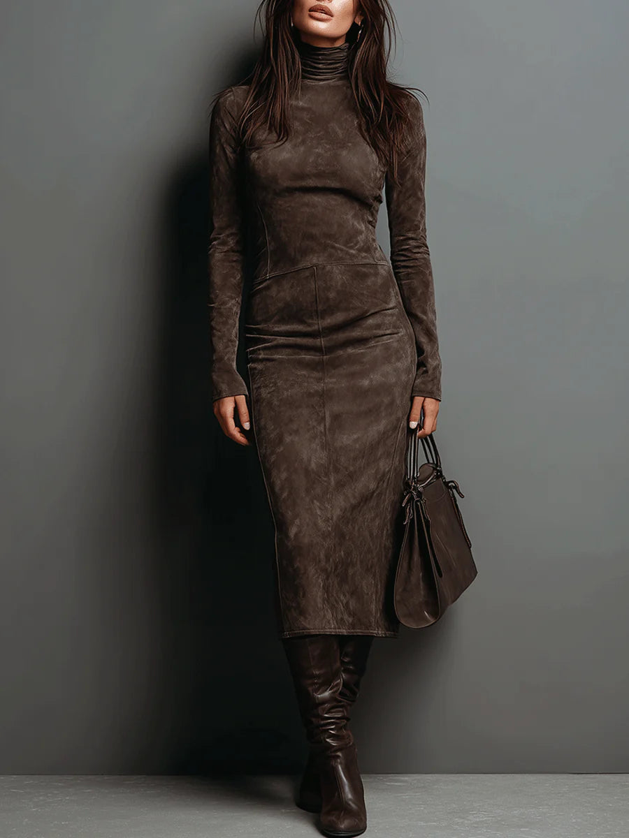 Elegant Suede Midi Dress for Women with Turtleneck Long Sleeve Ruched Sheath Style