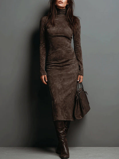 Elegant Suede Midi Dress for Women with Turtleneck Long Sleeve Ruched Sheath Style