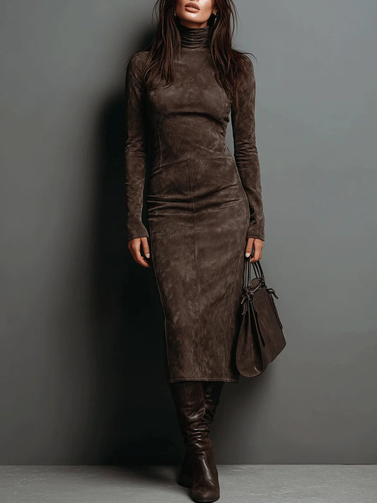 Elegant Suede Midi Dress for Women with Turtleneck Long Sleeve Ruched Sheath Style