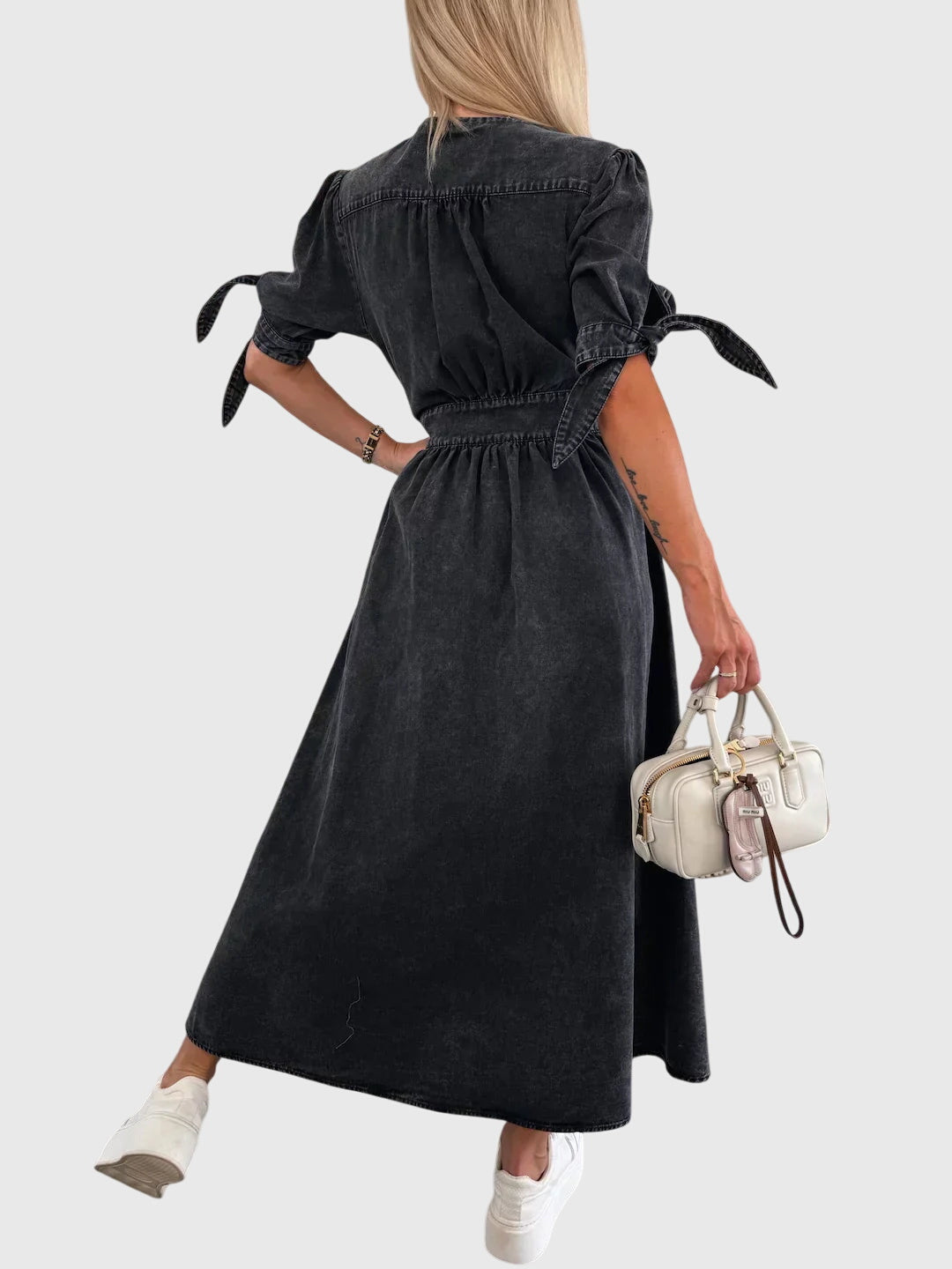 Effortless Denim Maxi Dress for Women with V Neck Elbow Sleeve Button Front Flowing Casual Style
