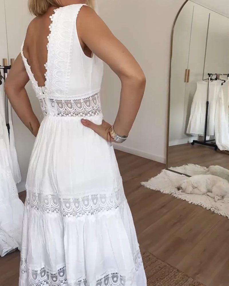 Effortless White Crochet Lace Maxi Dress for Women with V Neck Sleeveless Tiered Flowing Boho Style