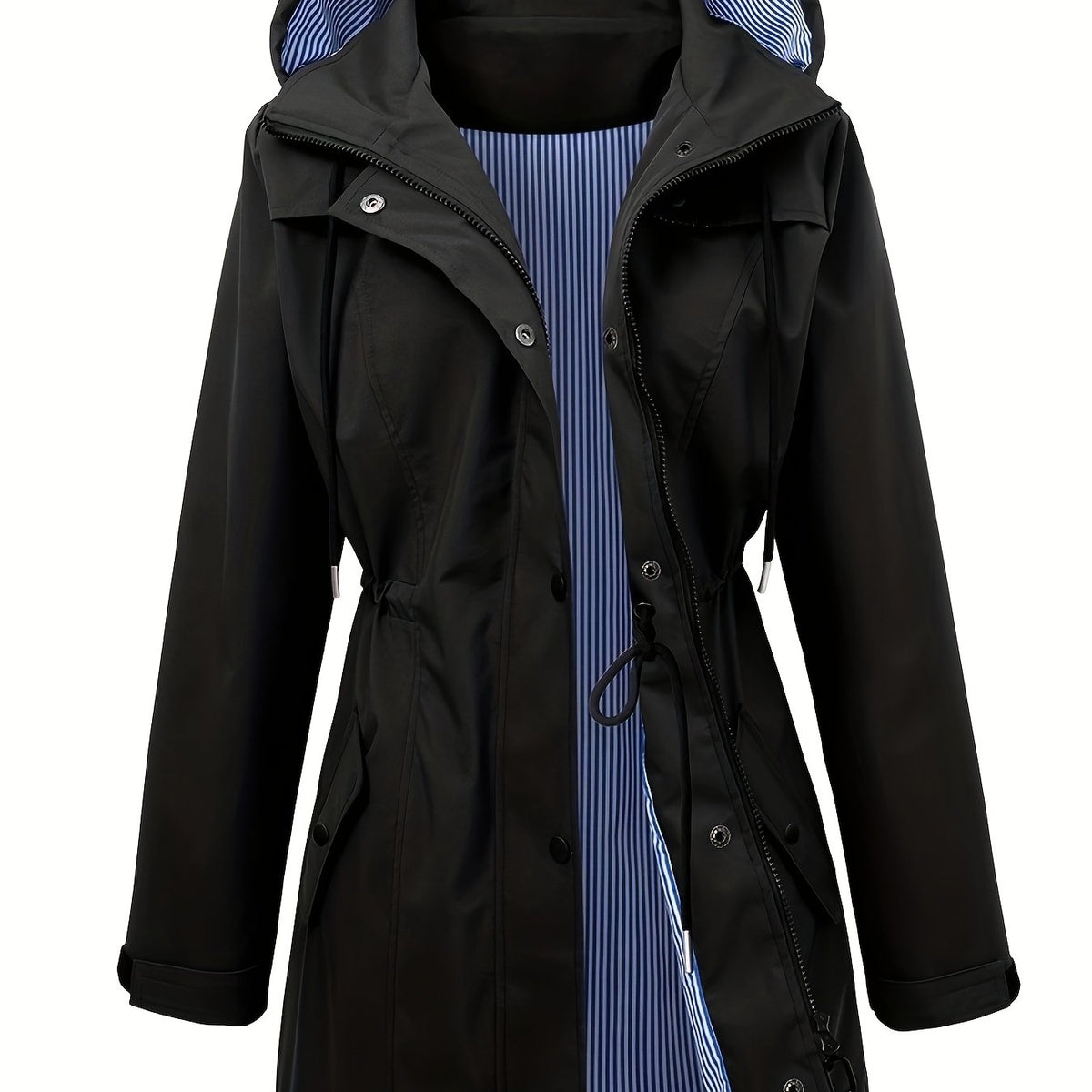 Stylish Hooded Rainwear Jacket for Women with Drawstring Waist Zip Front Long Windbreaker All Weather Style