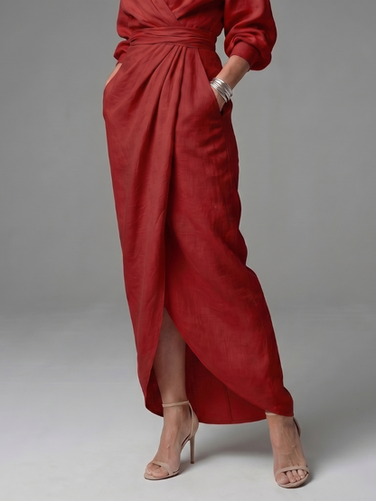 Elegant Red Dress for Women with V Neck Long Sleeve Diagonal Drape Maxi Style