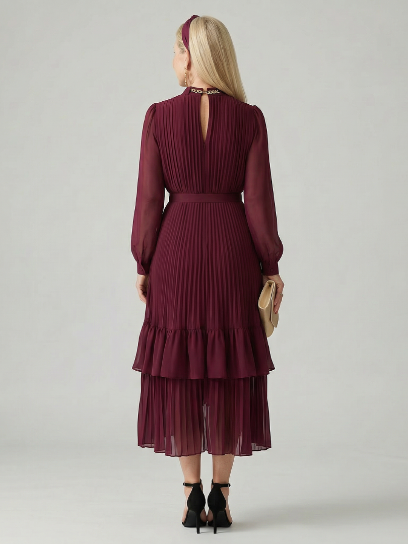 Elegant Red Dress for Women with High Neck Long Sleeve Tiered Ruffle Midi Style