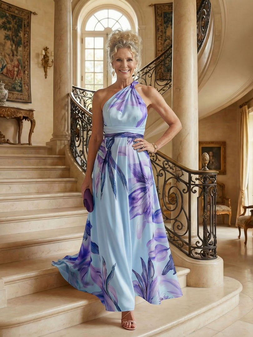 Elegant Floral Cocktail Dress for Women with One Shoulder Halter Sash Waist Flowing Maxi Style