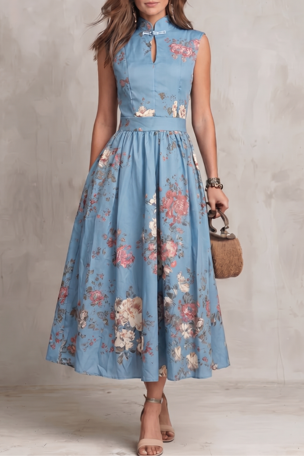Elegant Floral Cocktail Dress for Women with Keyhole Neck Cap Sleeve Pleated Midi Style