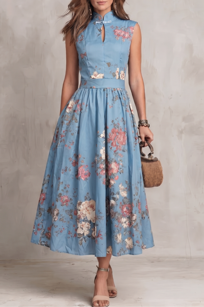 Elegant Floral Cocktail Dress for Women with Keyhole Neck Cap Sleeve Pleated Midi Style