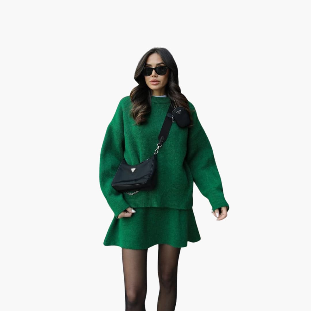 Stylish Black Knit Two Piece Set for Women with Round Neck Sweater High Waist Mini Skirt Loungewear Style