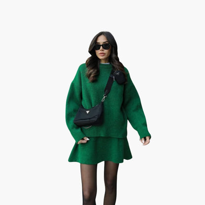 Stylish Black Knit Two Piece Set for Women with Round Neck Sweater High Waist Mini Skirt Loungewear Style