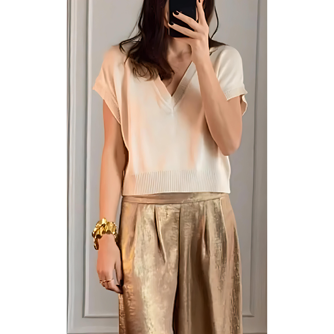 Elegant Wide Leg Pants Two Piece Set for Women with V Neck Short Sleeve Ribbed Knit Relaxed Style