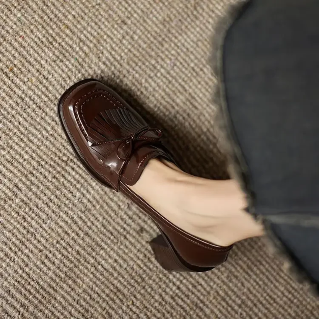 Elegant Patent Leather Tassel Loafer for Women with Bow Detail Block Heel Almond Toe Style