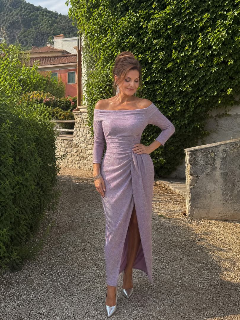 Elegant Shimmer Maxi Dress for Women with Off Shoulder Bracelet Sleeve Ruched Slit Formal Wedding Guest Style