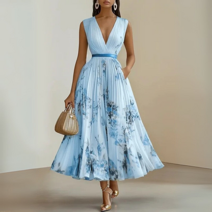 Effortless Watercolor Floral Midi Dress for Women with V Neck Sleeveless Pleated Belted Flowing Style