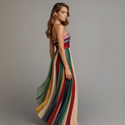 Elegant Multicolor Striped Maxi Dress for Women with Strapless Pleated A Line Flowing Wedding Guest Style