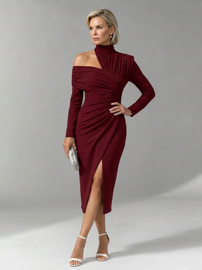 Elegant Draped Midi Dress for Women with High Neck Long Sleeve One Shoulder Ruched Formal Wedding Guest Style