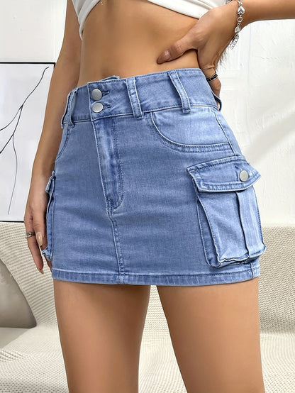 Effortless Denim Cargo Mini Skirt for Women with High Waist Button Front Pocket Detail Casual Style