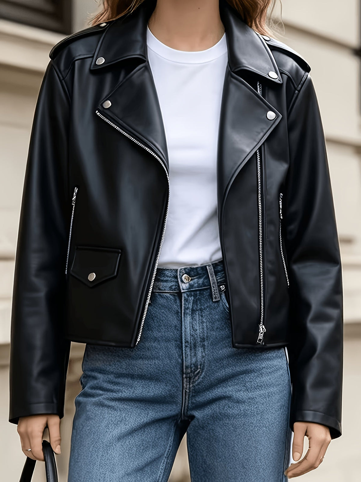 Bold Black Faux Leather Moto Jacket for Women with Notched Lapel Asymmetrical Zip Ribbed Biker Style