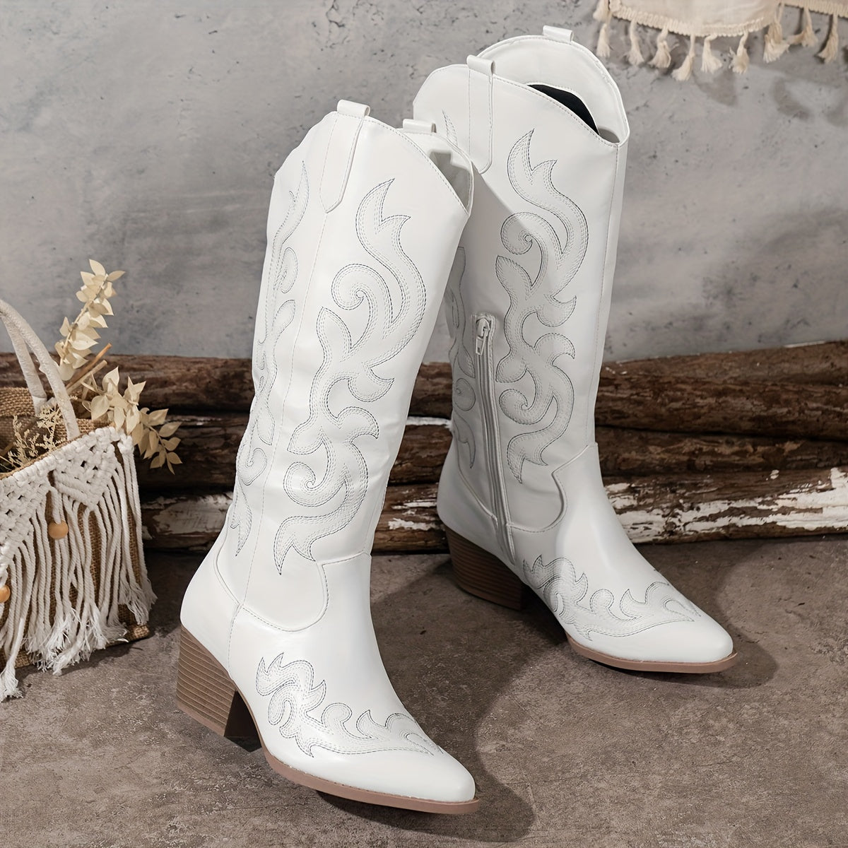 Modern White Western Boots for Women with Embroidered Shaft Block Heel Tall Cowboy Style