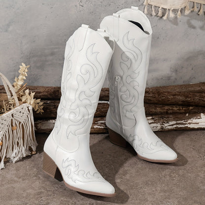 Modern White Western Boots for Women with Embroidered Shaft Block Heel Tall Cowboy Style