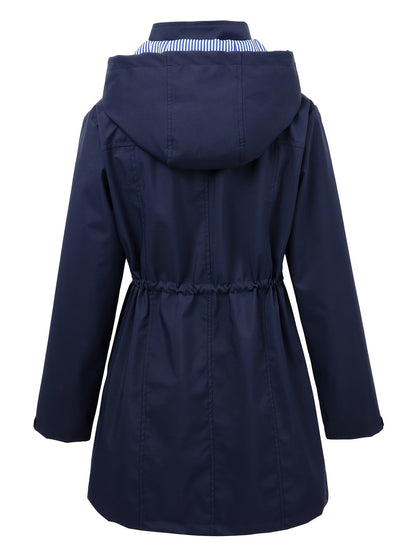 Stylish Hooded Rainwear Jacket for Women with Drawstring Waist Zip Front Long Windbreaker All Weather Style