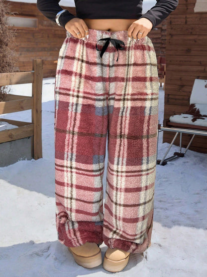 Warm Plaid Wide Leg Sweatpants for Women with Elastic Drawstring Plush Fleece Loungewear Style