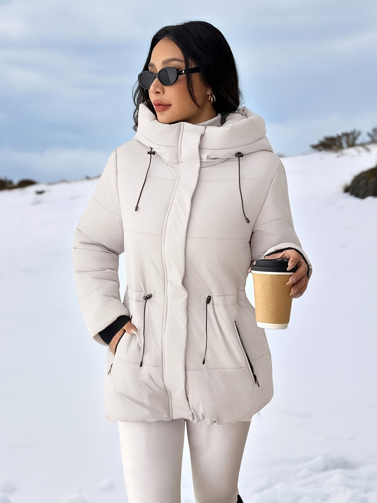 Warm Padded Ski Jacket for Women with Hooded Long Sleeve Elastic Drawstring Zip Pocket Style