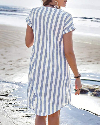 Effortless Blue and White Striped Shirt Dress for Women with Split Neck Short Sleeve Button Front Casual Style