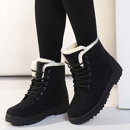Warm Lace Up Snow Boots for Women with Fleece Cuff Almond Toe Chunky Sole Winter Snowproof Style