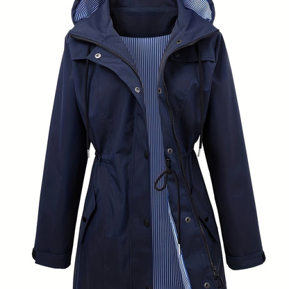 Stylish Hooded Rainwear Jacket for Women with Drawstring Waist Zip Front Long Windbreaker All Weather Style