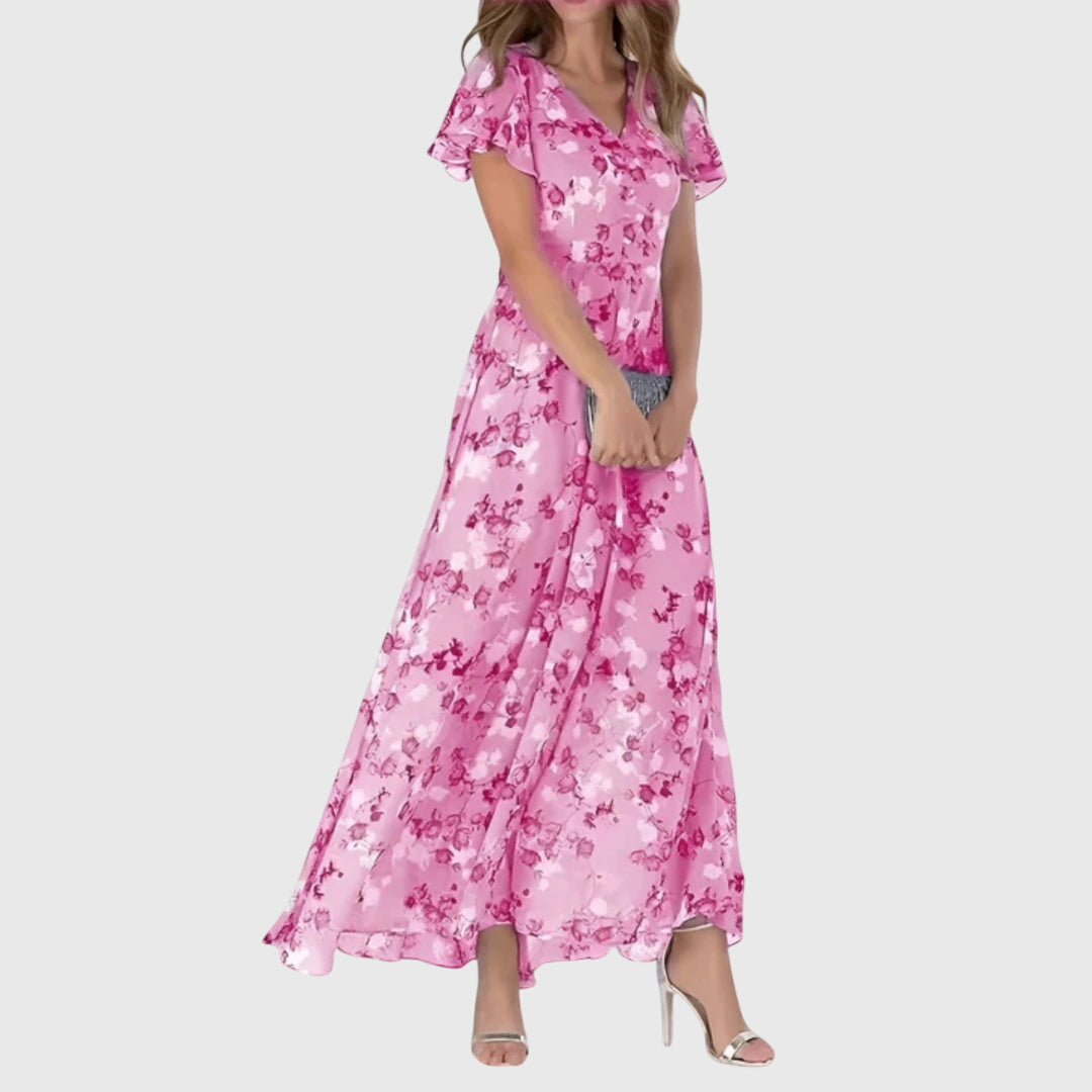 Effortless Floral Maxi Dress for Women with V Neck Flutter Sleeve Flowing Wedding Guest Style