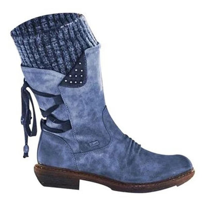 Comfortable Suede Rainproof Boots for Women with Knit Cuff Lace Up Chunky Heel Winter Style