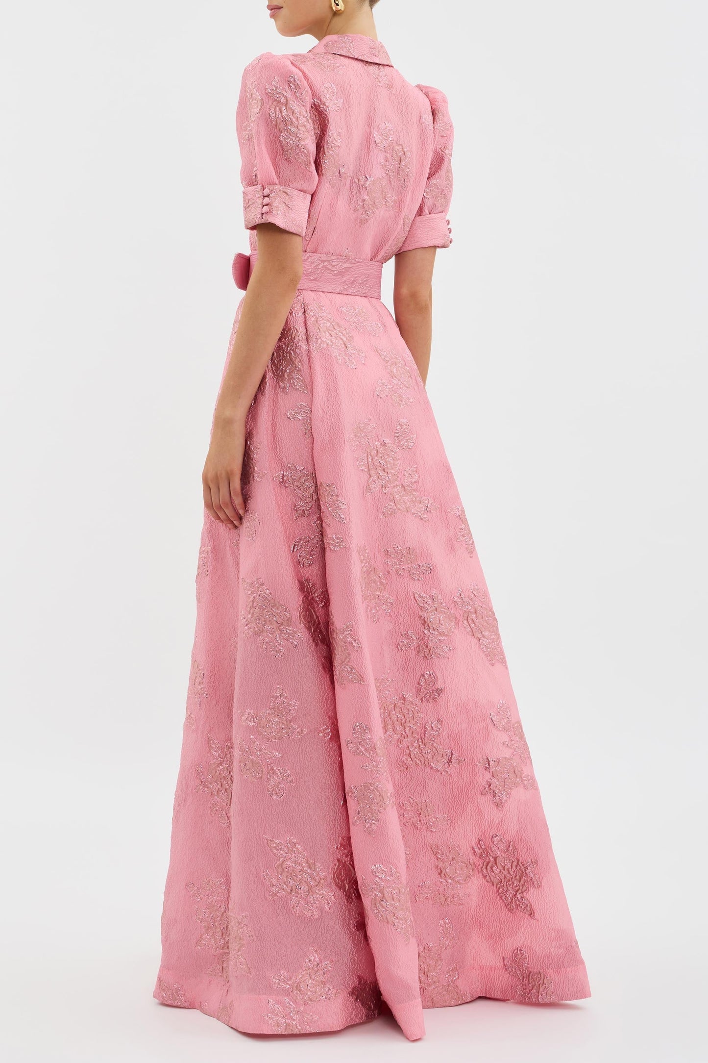 Elegant Pink Floral Jacquard Maxi Shirt Dress for Women with Collar Puff Sleeve Belted A Line Formal Style