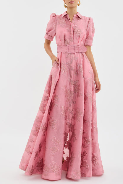 Elegant Pink Floral Jacquard Maxi Shirt Dress for Women with Collar Puff Sleeve Belted A Line Formal Style