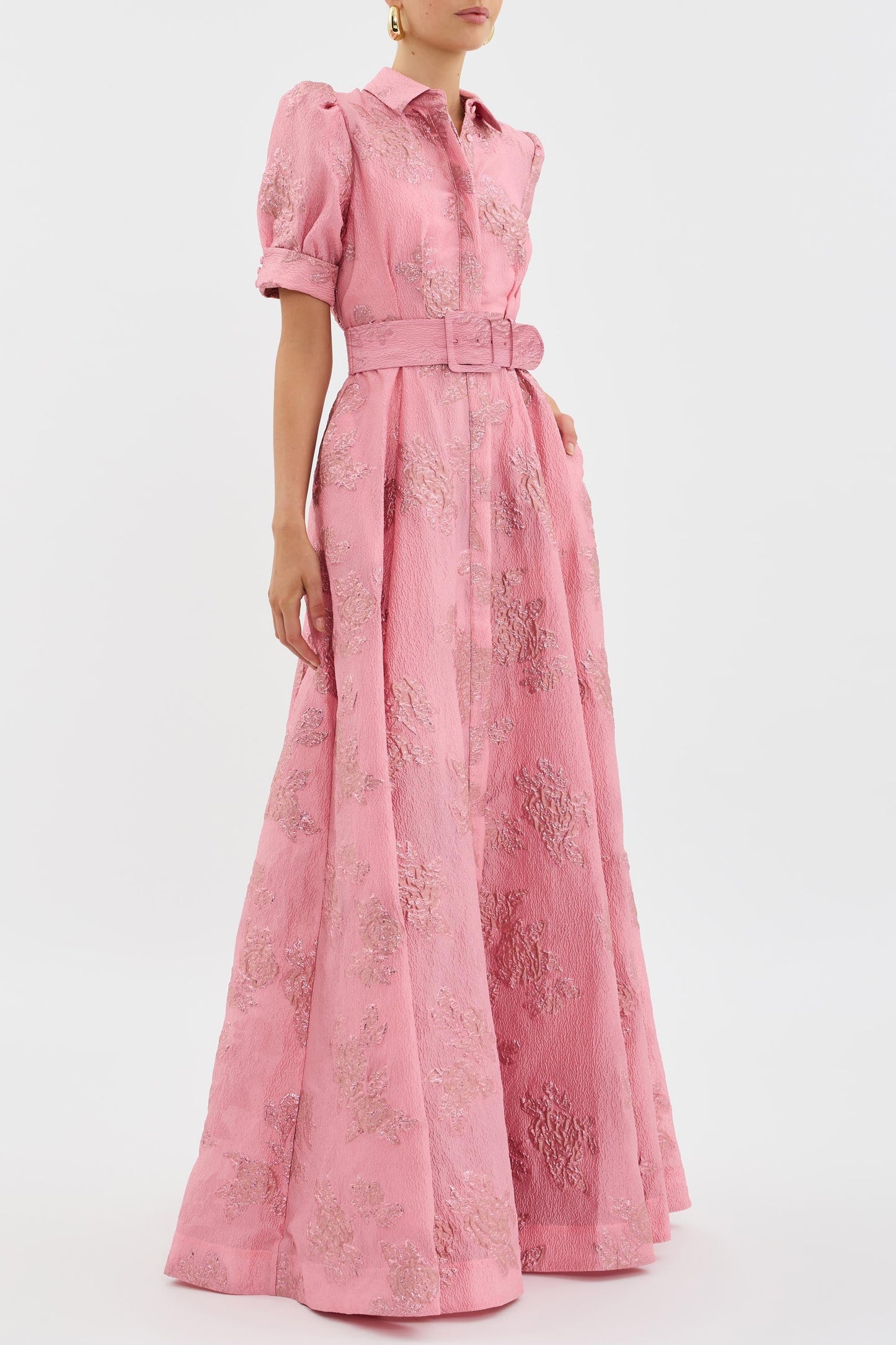 Elegant Pink Floral Jacquard Maxi Shirt Dress for Women with Collar Puff Sleeve Belted A Line Formal Style