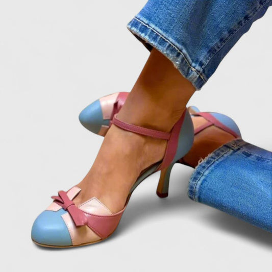 Stylish Colorblock Ankle Strap Heels for Women with Bow Detail Pointed Toe Vintage Style