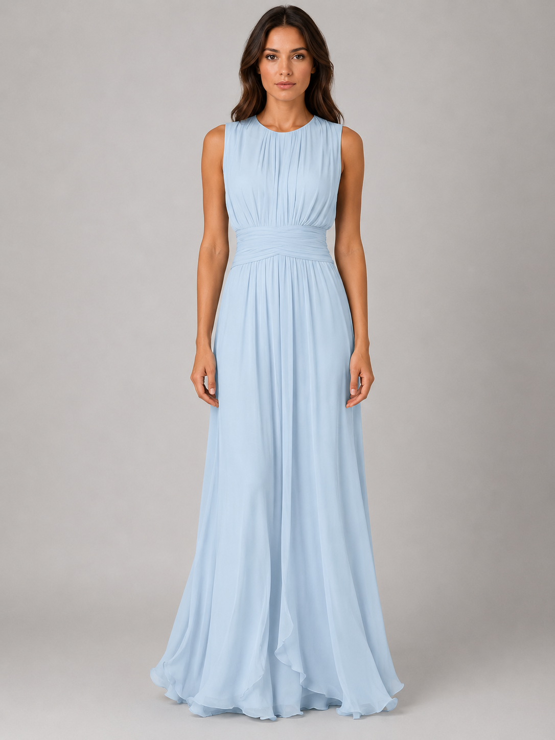 Effortless Light Blue Fall Wedding Guest Maxi Dress for Women with Round Neck Sleeveless Pleated Chiffon Cocktail Style