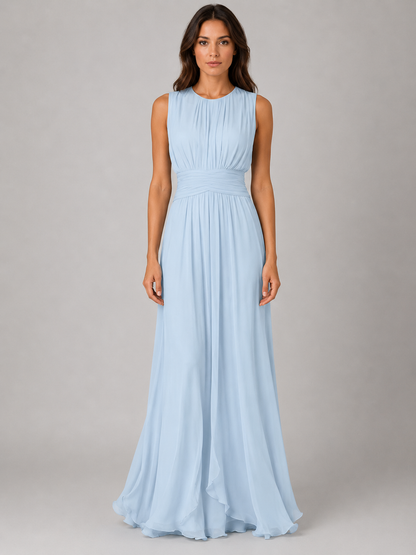 Effortless Light Blue Fall Wedding Guest Maxi Dress for Women with Round Neck Sleeveless Pleated Chiffon Cocktail Style
