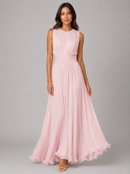 Effortless Light Blue Fall Wedding Guest Maxi Dress for Women with Round Neck Sleeveless Pleated Chiffon Cocktail Style