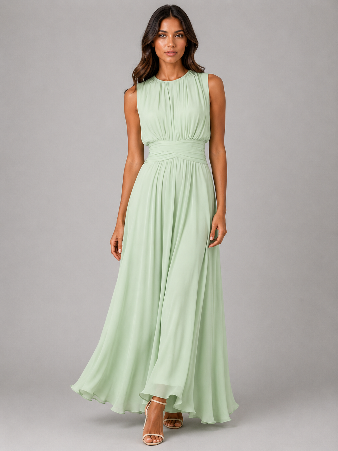 Effortless Light Blue Fall Wedding Guest Maxi Dress for Women with Round Neck Sleeveless Pleated Chiffon Cocktail Style