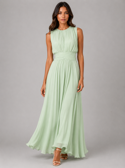 Effortless Light Blue Fall Wedding Guest Maxi Dress for Women with Round Neck Sleeveless Pleated Chiffon Cocktail Style