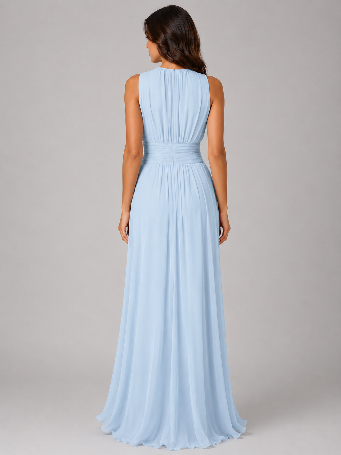 Effortless Light Blue Fall Wedding Guest Maxi Dress for Women with Round Neck Sleeveless Pleated Chiffon Cocktail Style
