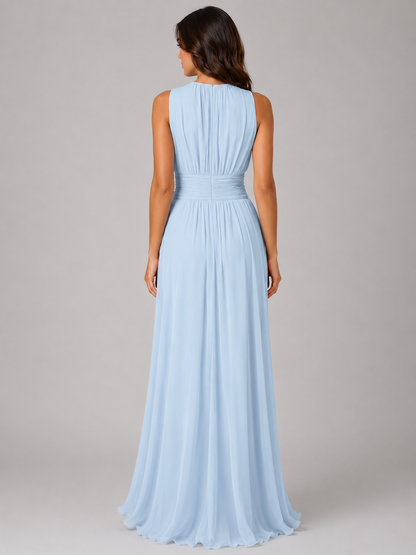 Effortless Light Blue Fall Wedding Guest Maxi Dress for Women with Round Neck Sleeveless Pleated Chiffon Cocktail Style