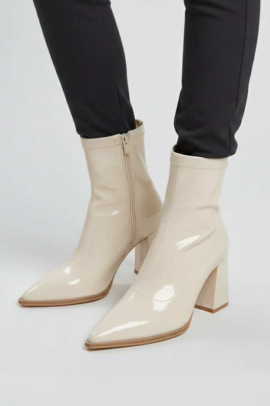 Stylish White Ankle Boots for Women with Almond Toe Stacked Heel Side Zip Patent Style