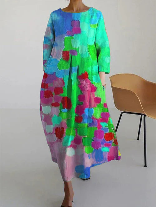 Effortless Abstract Print Maxi Dress for Women with Round Neck Long Sleeve Oversized Flowing Bohemian Style
