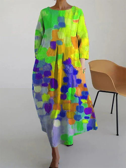 Effortless Abstract Print Maxi Dress for Women with Round Neck Long Sleeve Oversized Flowing Bohemian Style