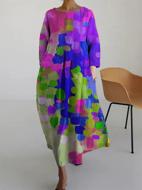 Effortless Abstract Print Maxi Dress for Women with Round Neck Long Sleeve Oversized Flowing Bohemian Style